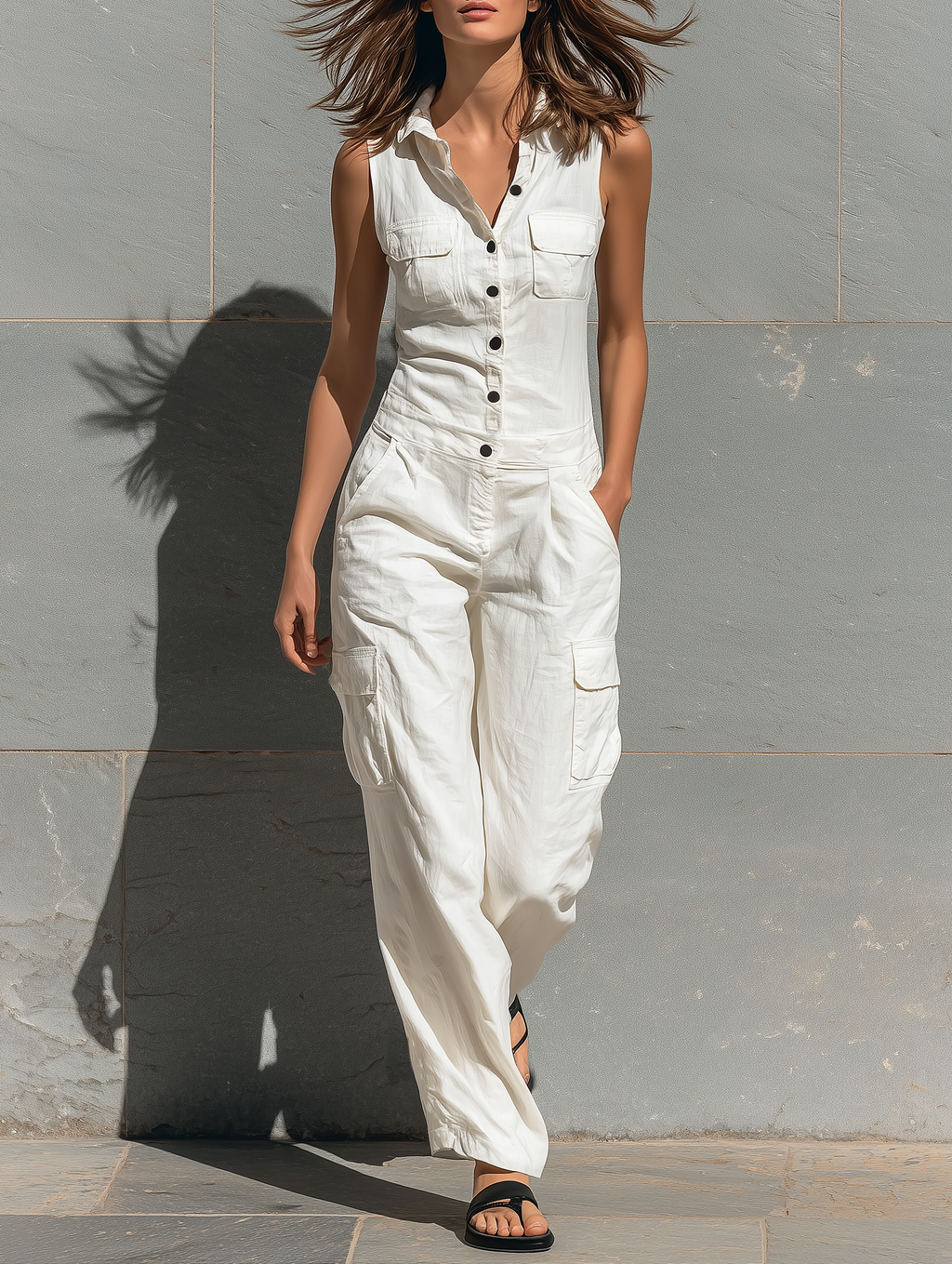 Single-Breasted Sleeveless Cotton Jumpsuit