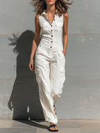 Single-Breasted Sleeveless Cotton Jumpsuit