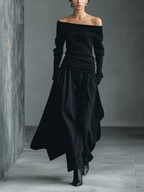 Off-Shoulder Knit Top & Woven Skirt Set