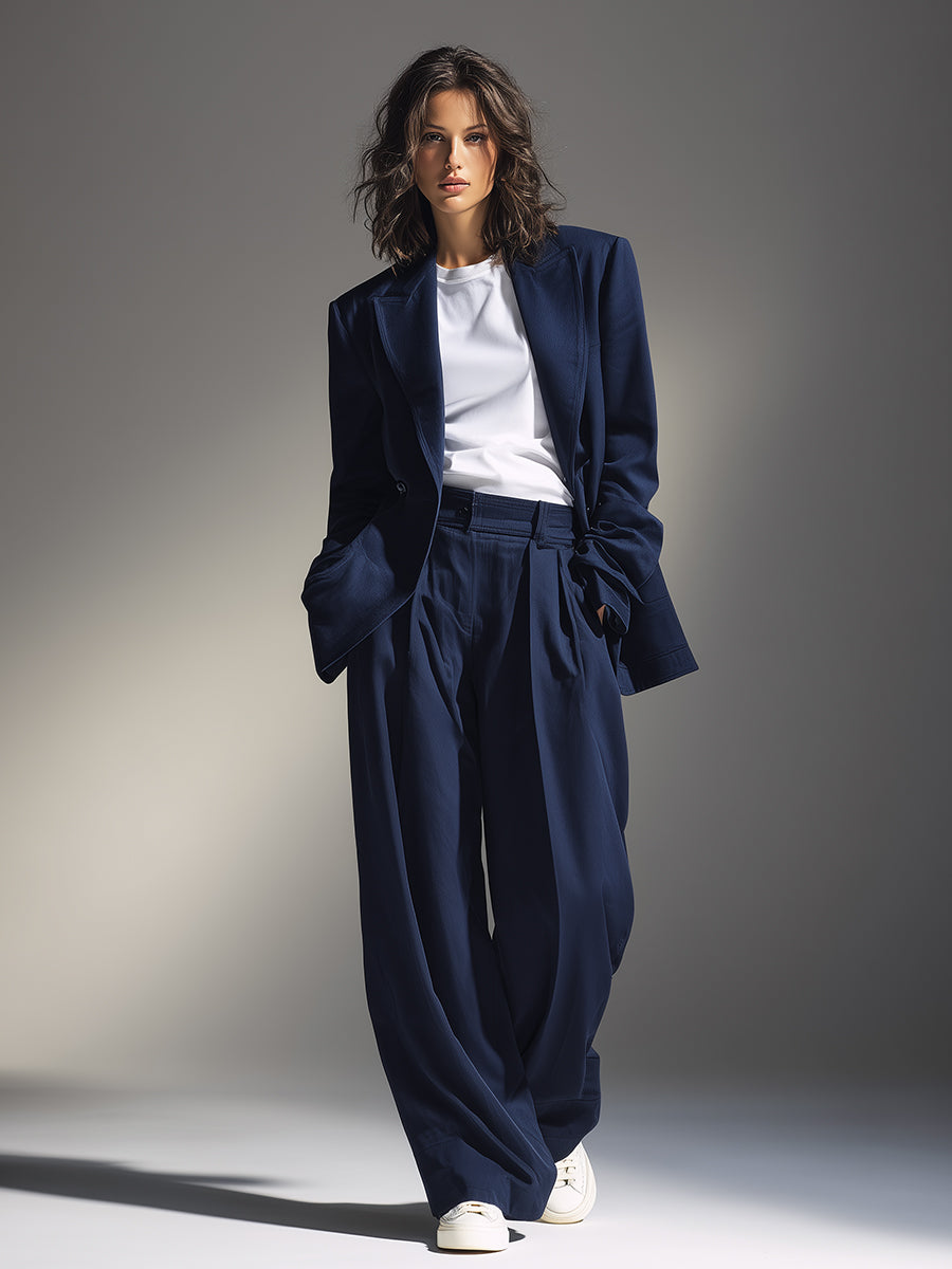 Navy Oversized Blazer & Wide-Leg Pants Set