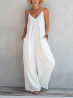 White Cotton Linen Sleeveless Loose Jumpsuit