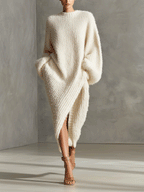 Cream Faux Mink Knit Asymmetric Midi Dress