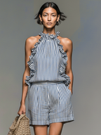 Striped Ruffle Sleeveless Blouse & Shorts Set