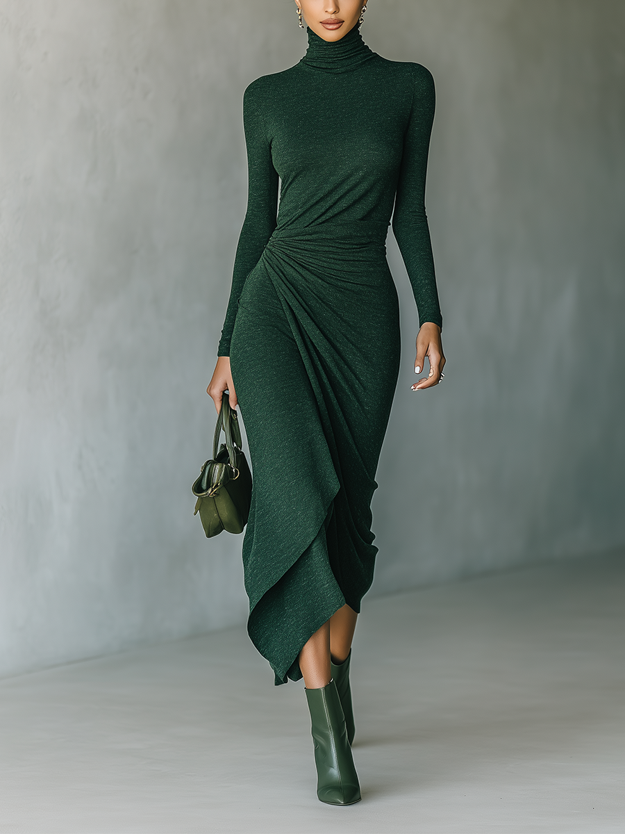 Dark Green High-Neck Knit Wrap Midi Dress
