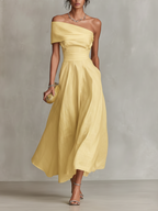 Yellow Linen One-Shoulder Fitted Dress