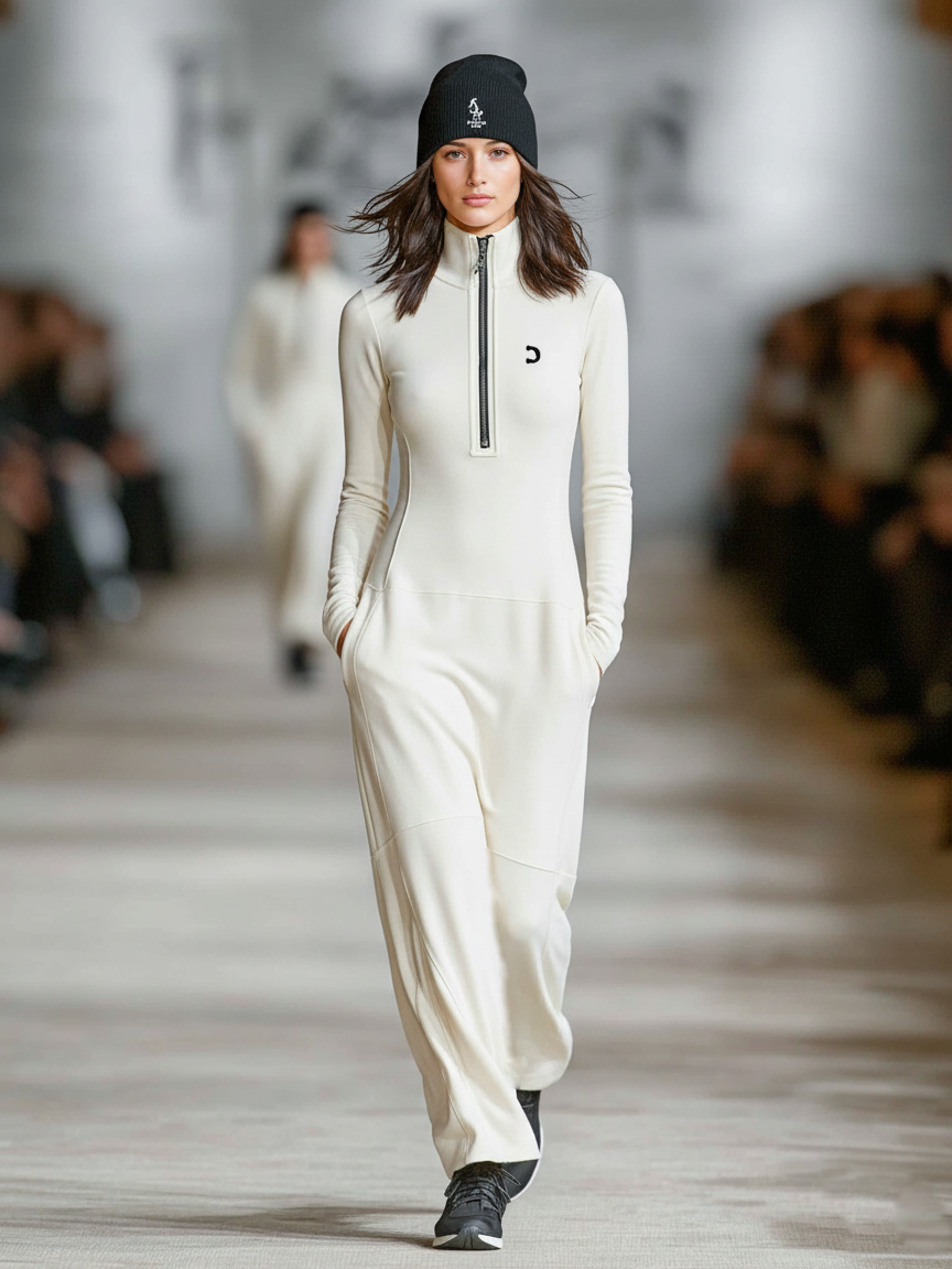 Cotton Blend Zip Collar Maxi Dress