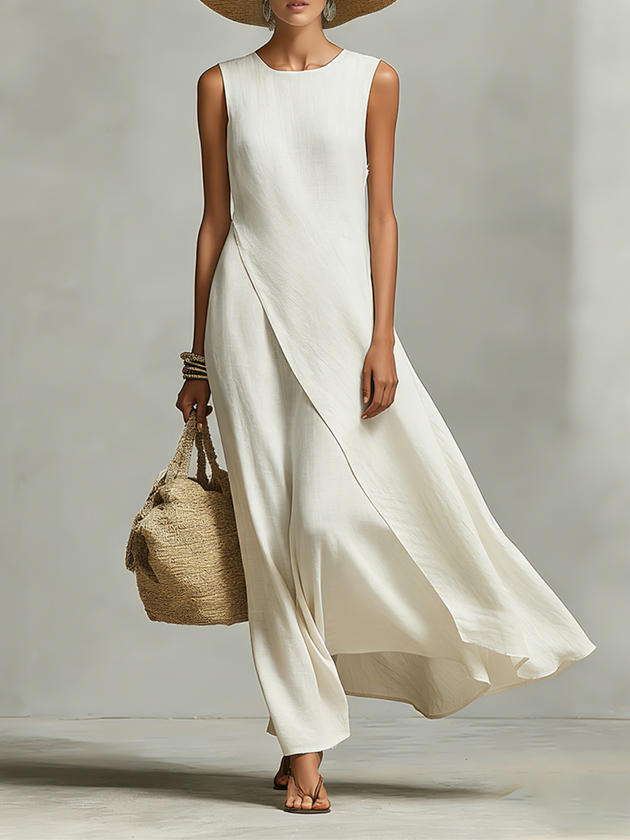 Ivory Linen Asymmetric Hem Dress