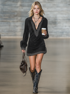 Suede Embroidered Shirt Collar Mini Dress