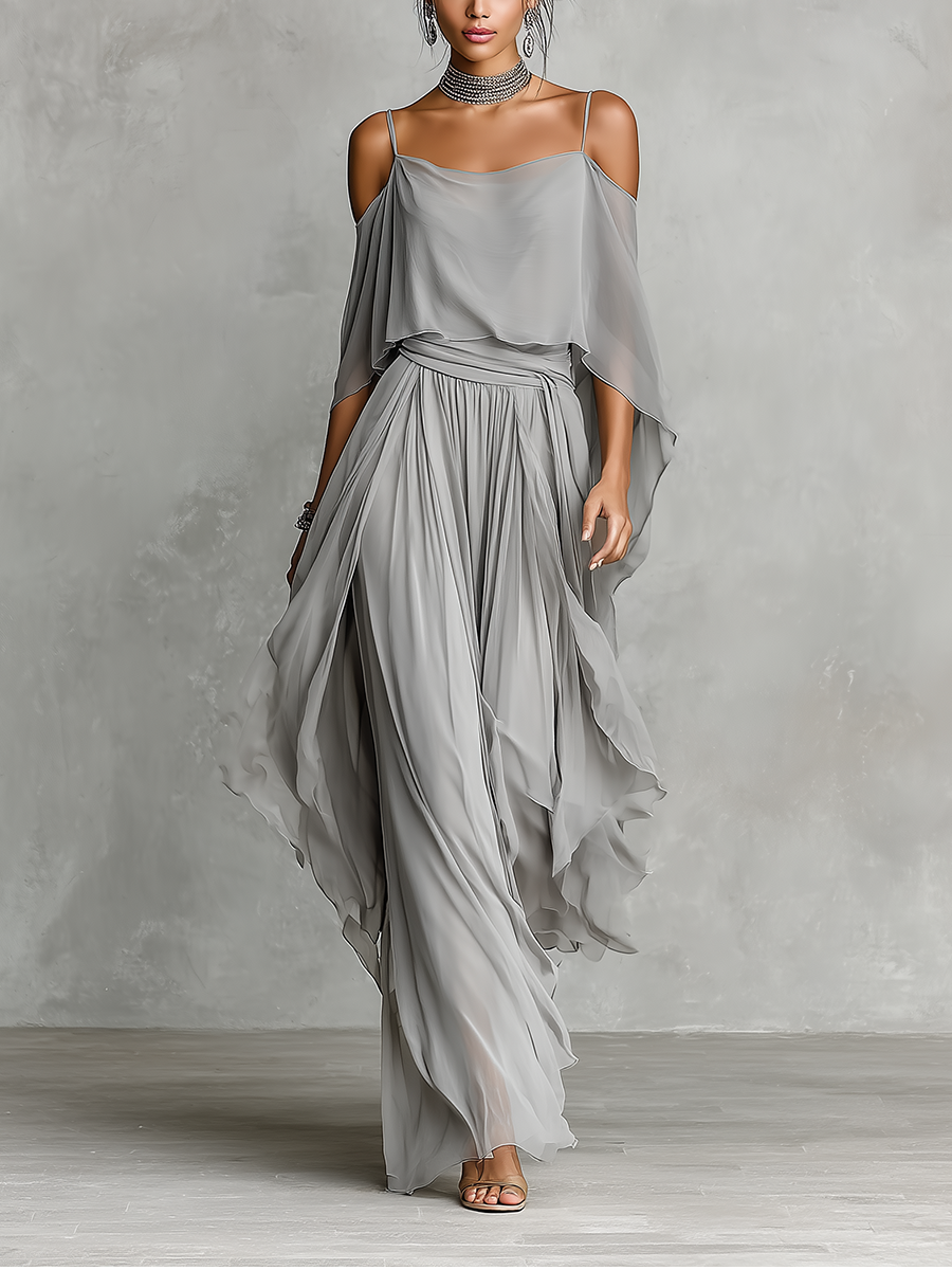 Chiffon Cold-Shoulder Flared Set