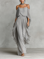 Chiffon Cold-Shoulder Flared Set