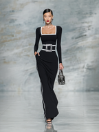 Women's Black And White Trim Square Neck Long Sleeve Tight Maxi Dress MDA1698G8Y