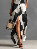 Geometric Print Lapel Shirt Maxi Dress