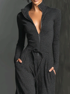Sparkling Knit Zipper Front Jumpsuit