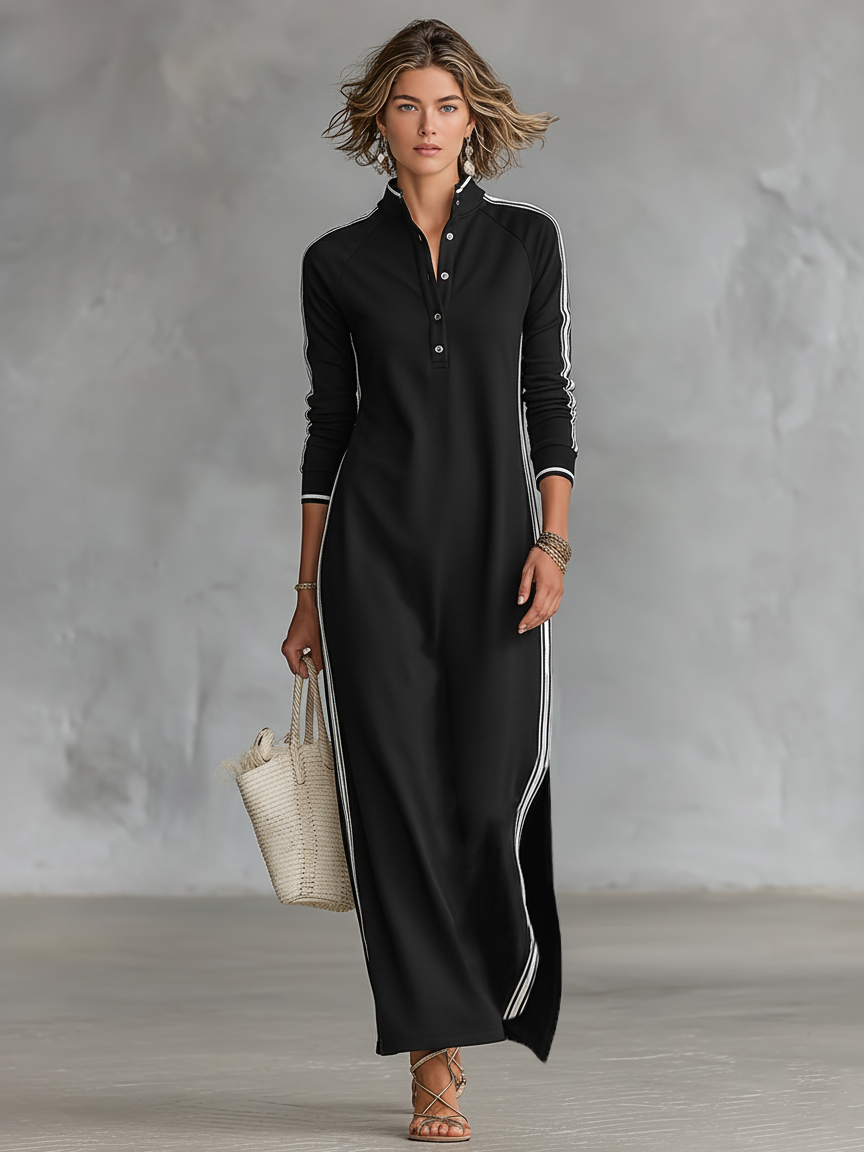 White-Trimmed Collar Sweatshirt Maxi Dress
