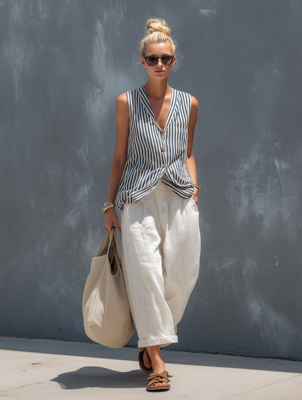 Striped Woven Vest & Linen Trousers Set