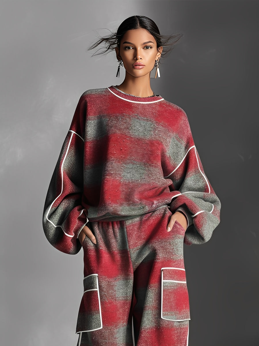 Plaid Color-Block Piping Pantsuit Set