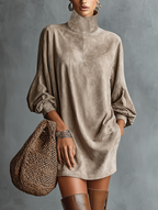 Faux Suede High-Neck Mini Dress