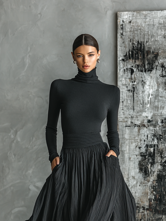 Black Skinny Turtleneck & Pleated Skirt Set