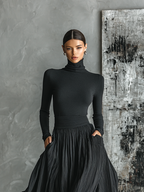 Black Skinny Turtleneck & Pleated Skirt Set