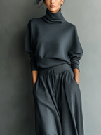 Charcoal Knit Turtleneck & Wide-Leg Pants Set