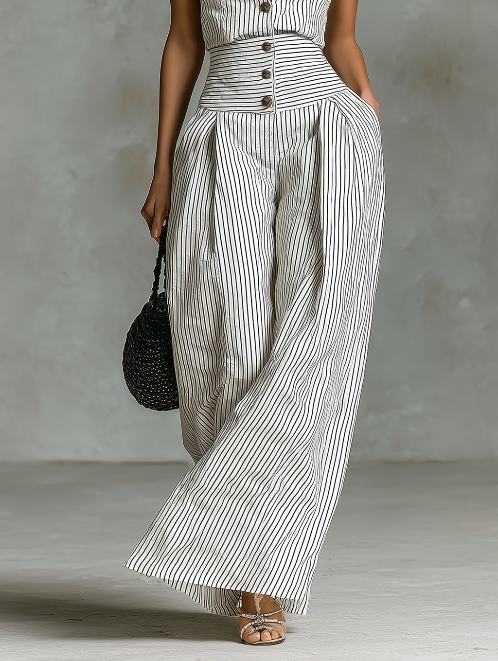 Striped Linen Single-Breasted Sleeveless Jumpsuit