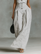 Striped Linen Single-Breasted Sleeveless Jumpsuit