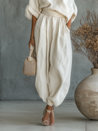 Off-White Linen Off-Shoulder Top & Tapered Pants Set