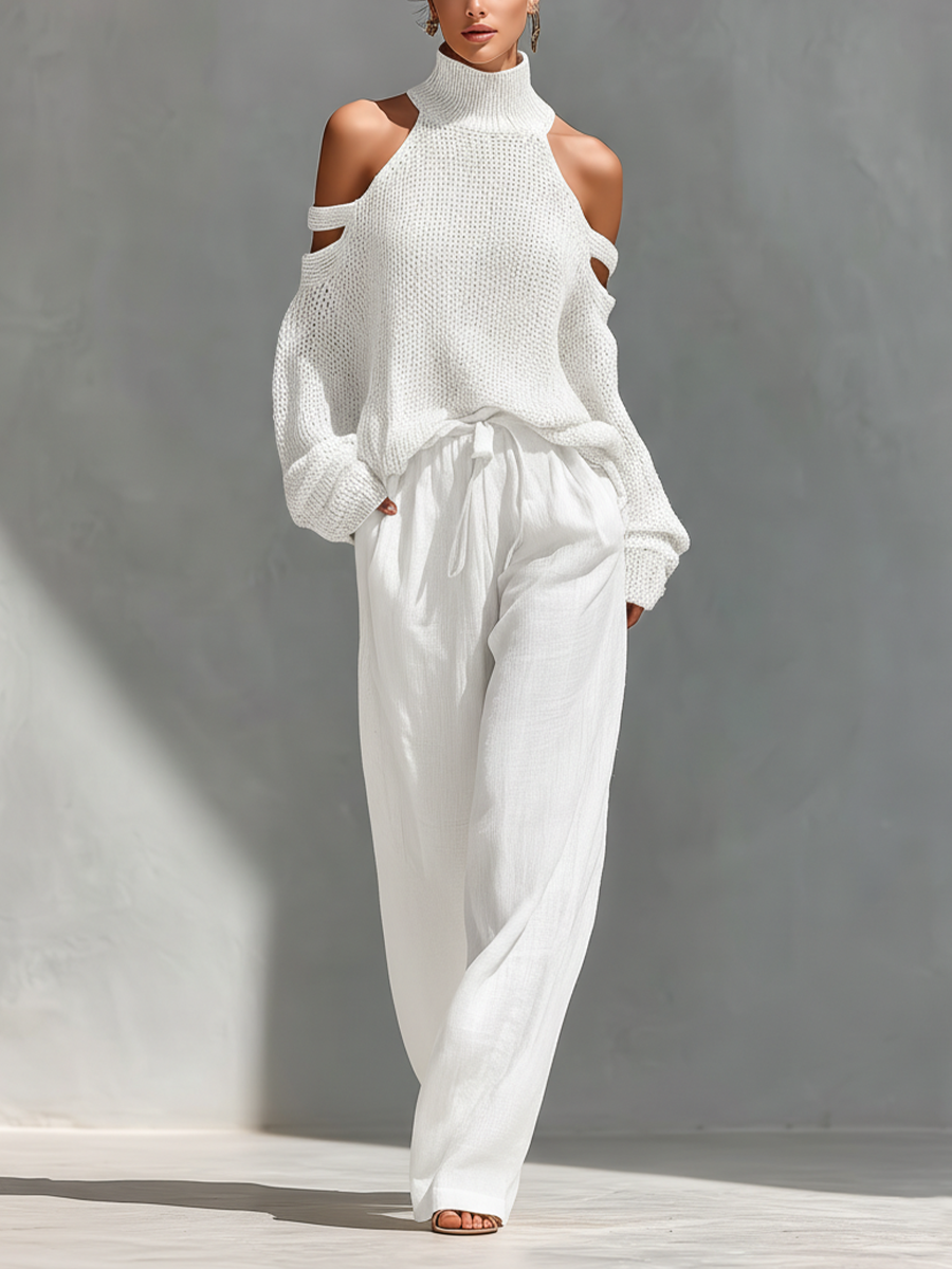 Knit Cold-Shoulder Top & Wide-Leg Pants Set
