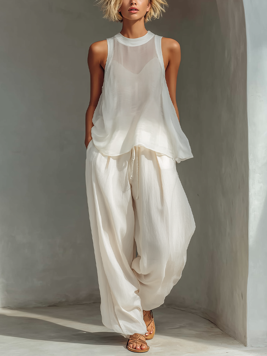 Cream Sheer Chiffon Top & Drawstring Wide-Leg Set