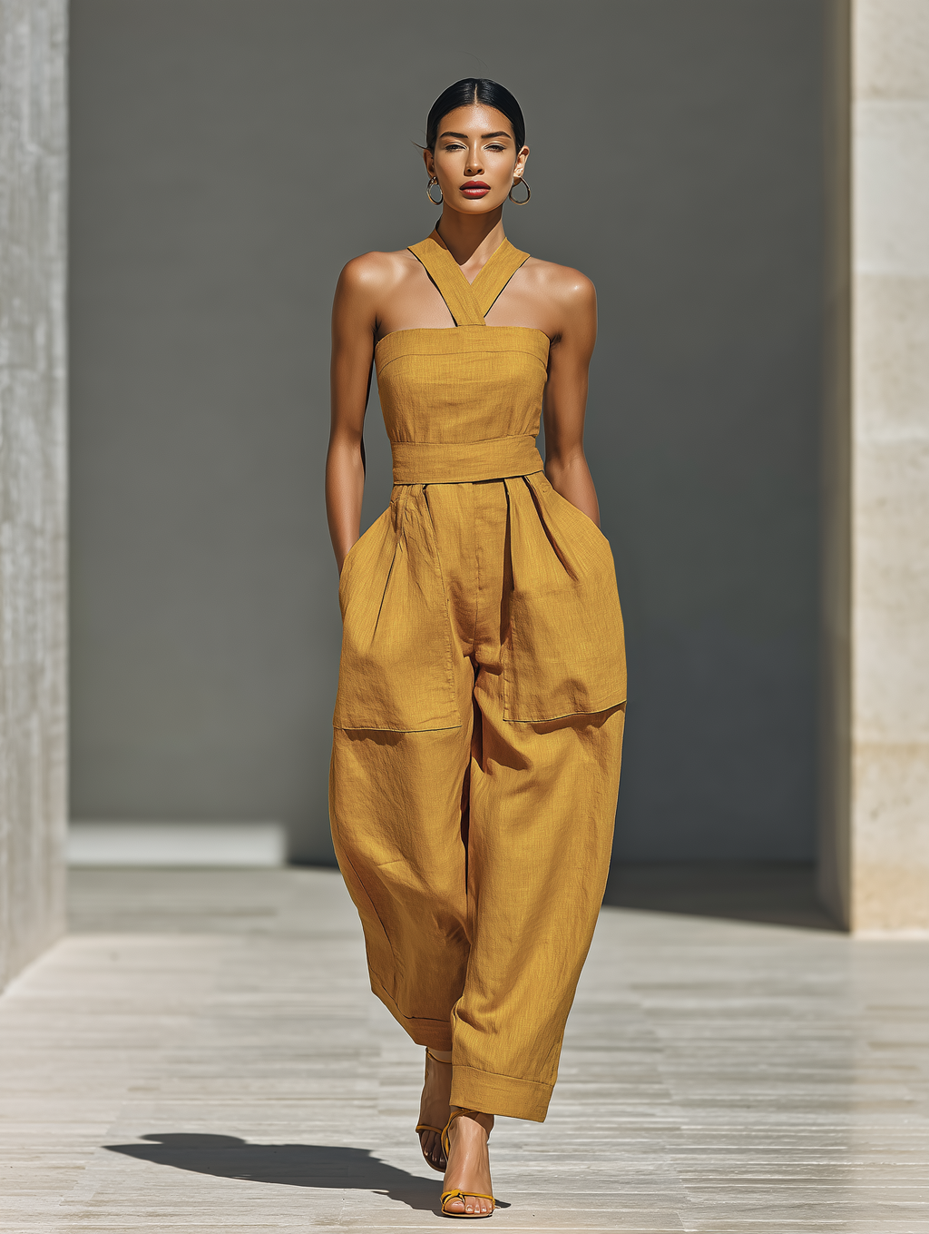 Mustard Linen Crisscross Neck Jumpsuit