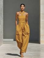 Mustard Linen Crisscross Neck Jumpsuit