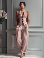Blush Linen Lapel Vest & Wide-Leg Set
