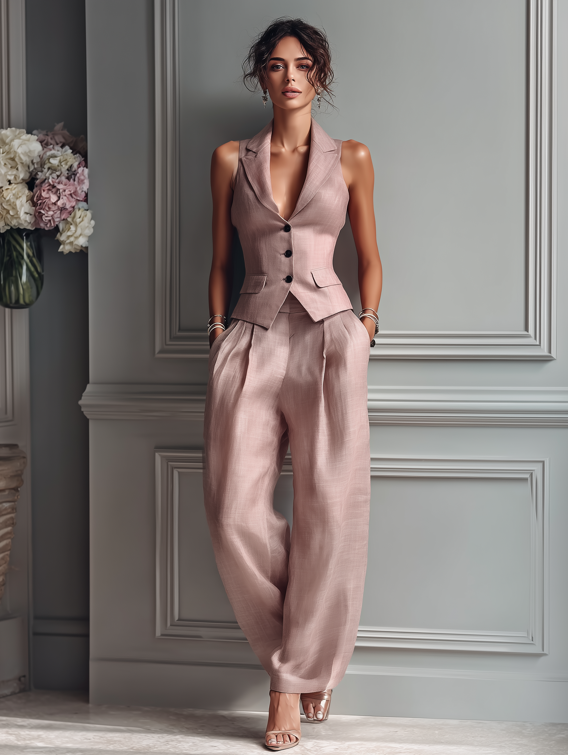 Blush Linen Lapel Vest & Wide-Leg Set