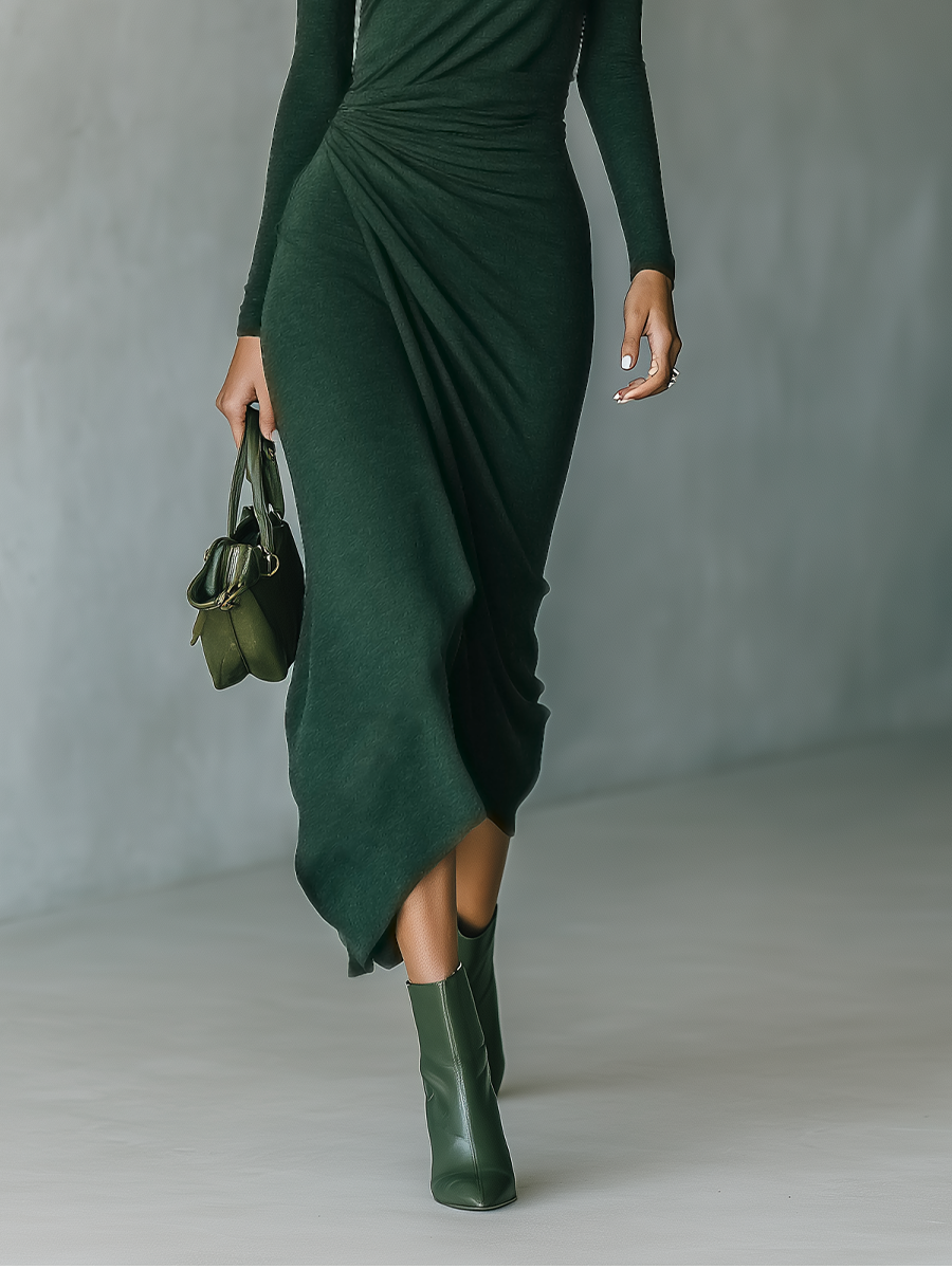 Dark Green High-Neck Knit Wrap Midi Dress