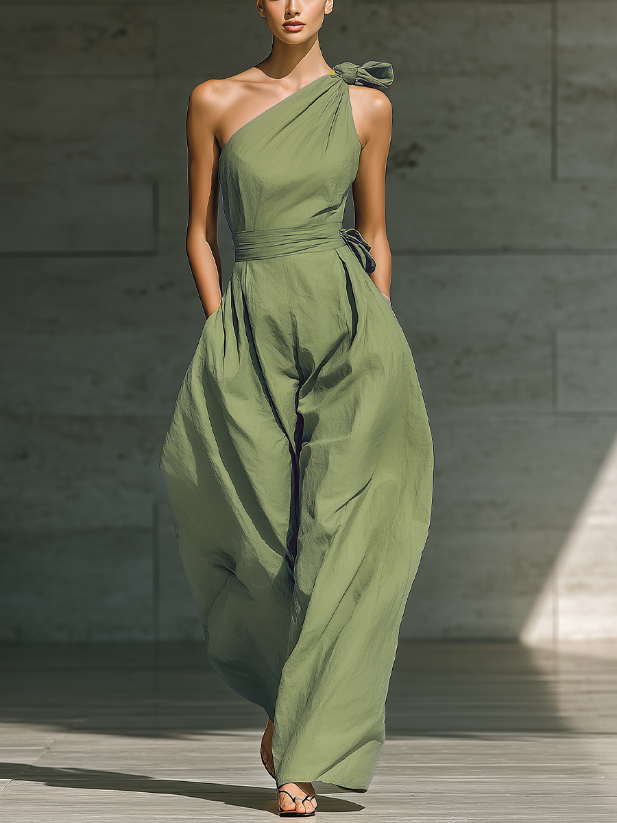 Light Green One-Shoulder Tie-Waist Wide-Leg Jumpsuit