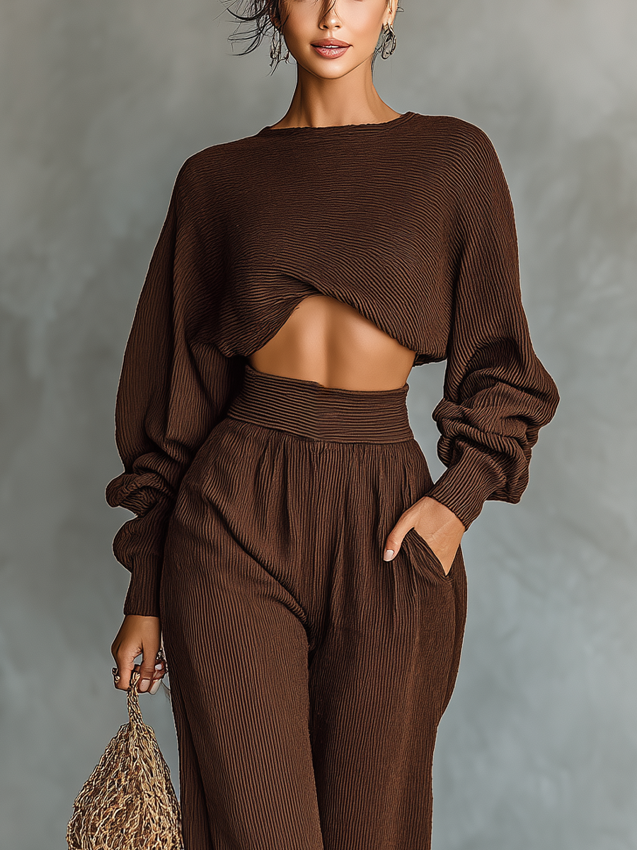 Coffee Knit Short Top & Wide-Leg Set