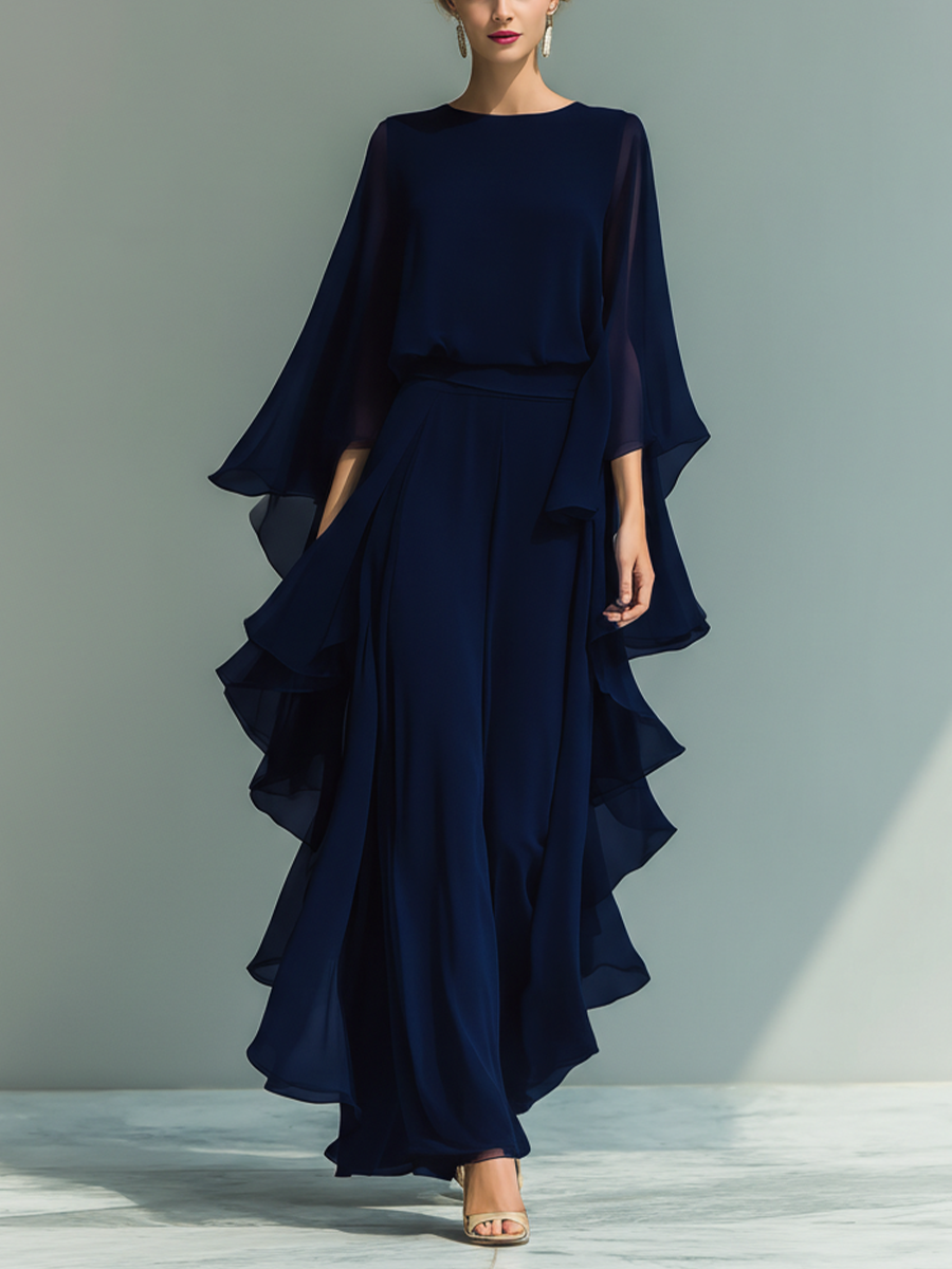 Navy Chiffon Flared Sleeve Top & Ruffled Trousers Set