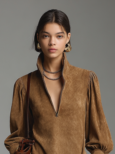 Suede Zipper Turtleneck Mini Dress