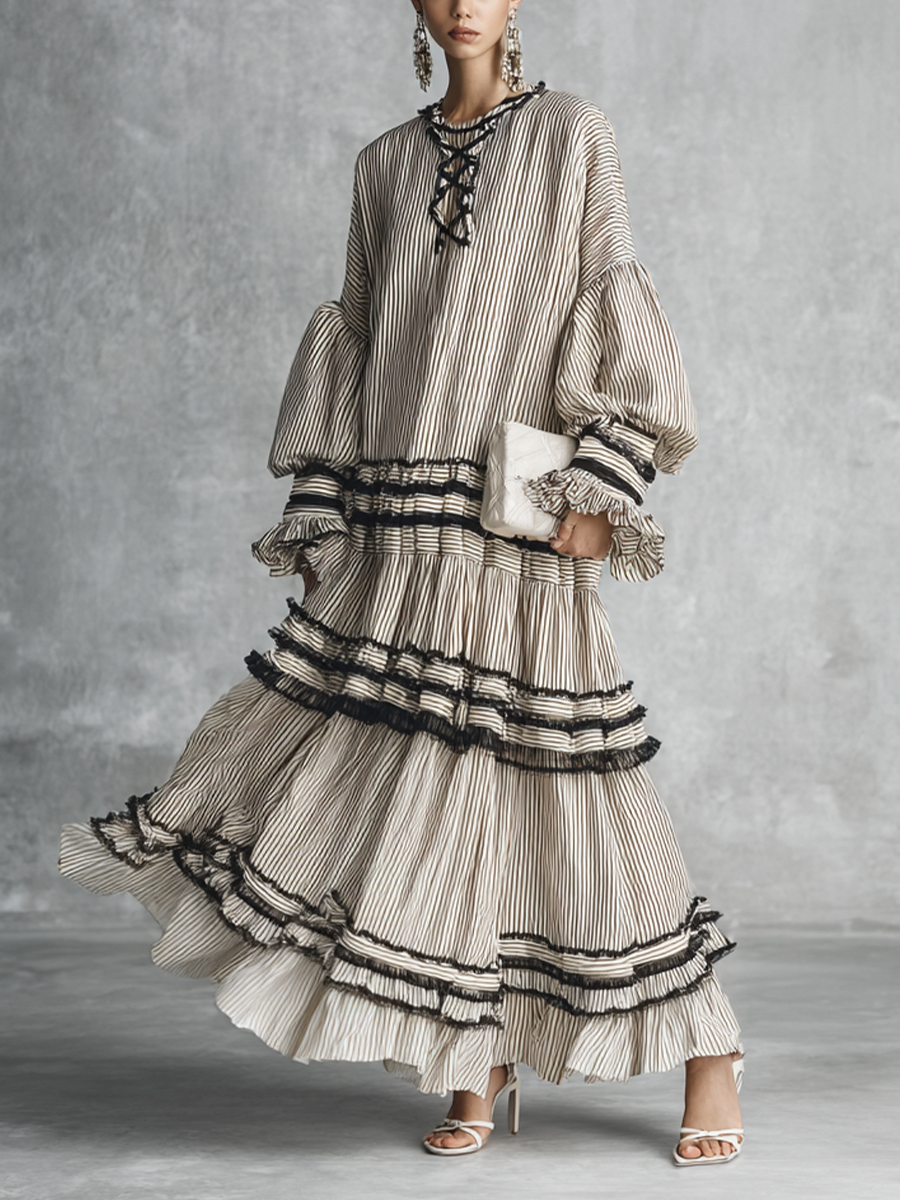 Women's Boho Striped Ruffle Tiered Cotton Blend Long Sleeve Maxi Dress MDZ1426B2BA