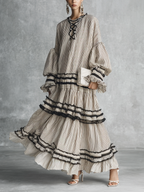 Women's Boho Striped Ruffle Tiered Cotton Blend Long Sleeve Maxi Dress MDZ1426B2BA