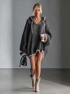 Hooded Pink-Trim Knit Mini Dress