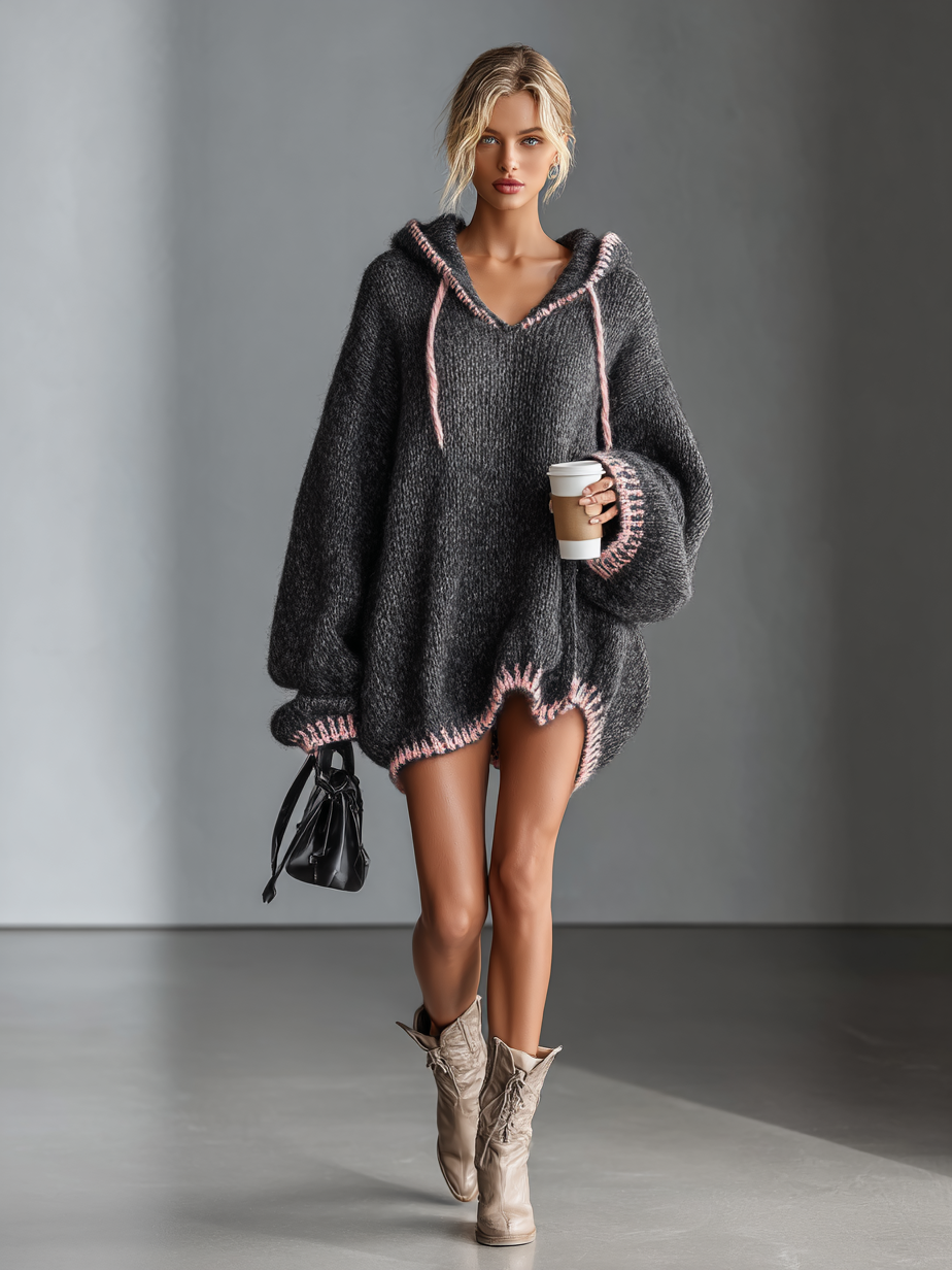 Hooded Pink-Trim Knit Mini Dress