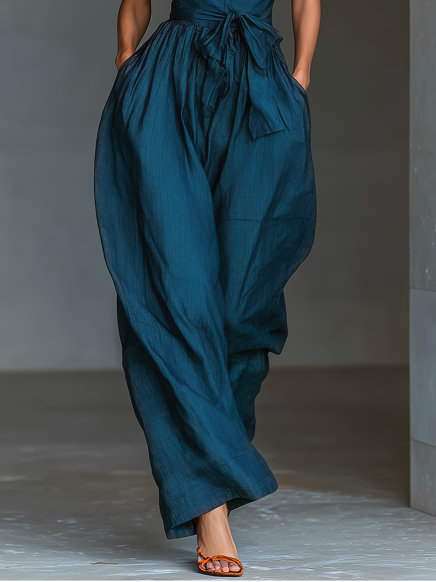 Linen Cross-Halter Tie-Waist Wide-Leg Jumpsuit
