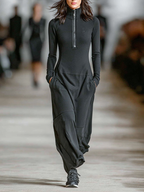 Cotton Blend Zip Collar Maxi Dress