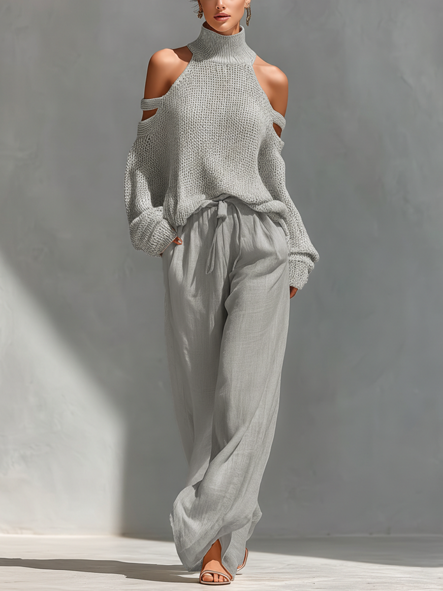 Knit Cold-Shoulder Top & Wide-Leg Pants Set