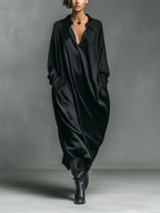 Women's Fashionable Casual Black Glossy Satin Long-sleeved Loose-fitting Maxi Dress With Pockets MDA2476K9AN
