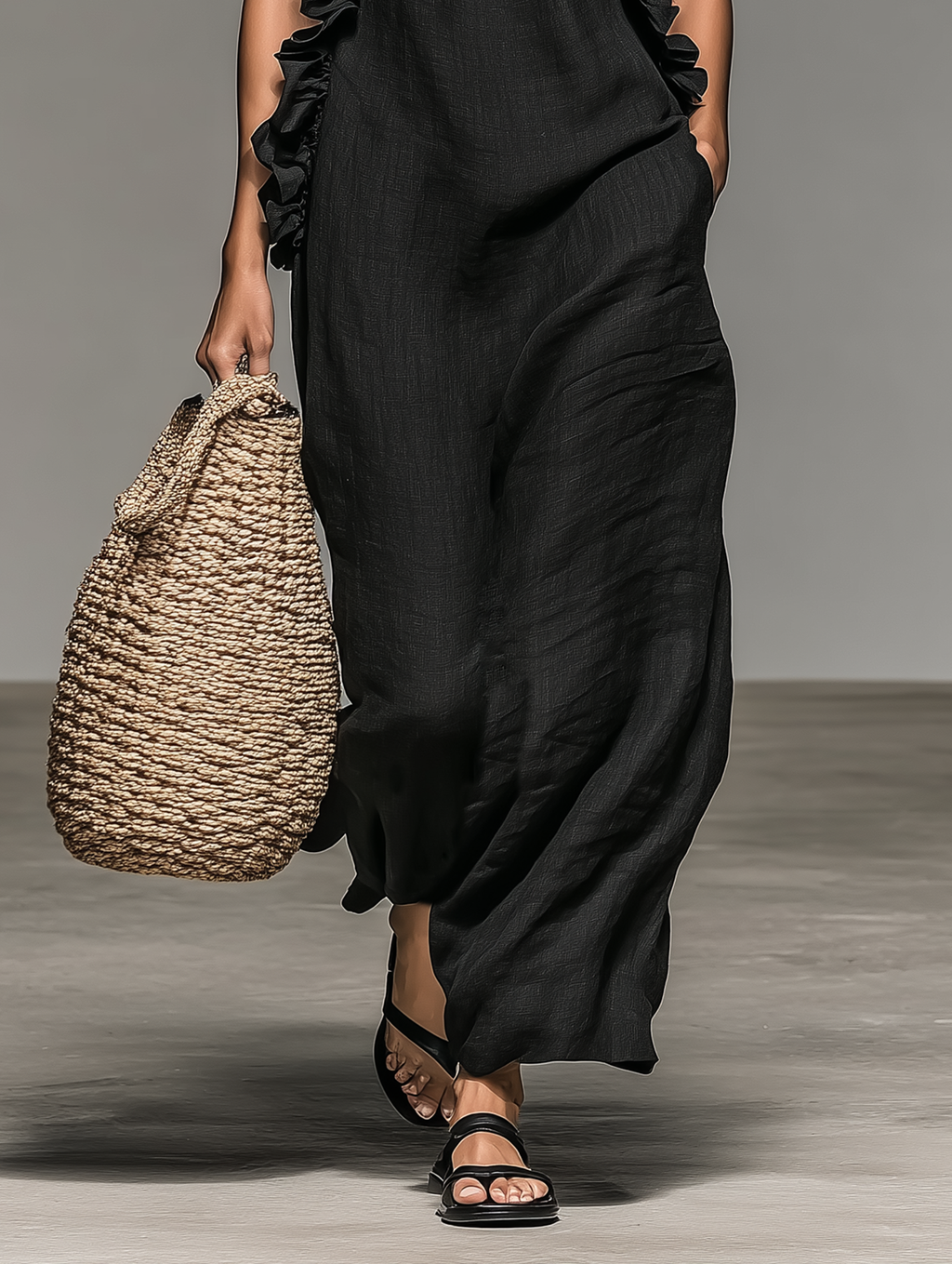 Linen Blend Ruffle Detail Sleeveless Maxi Dress