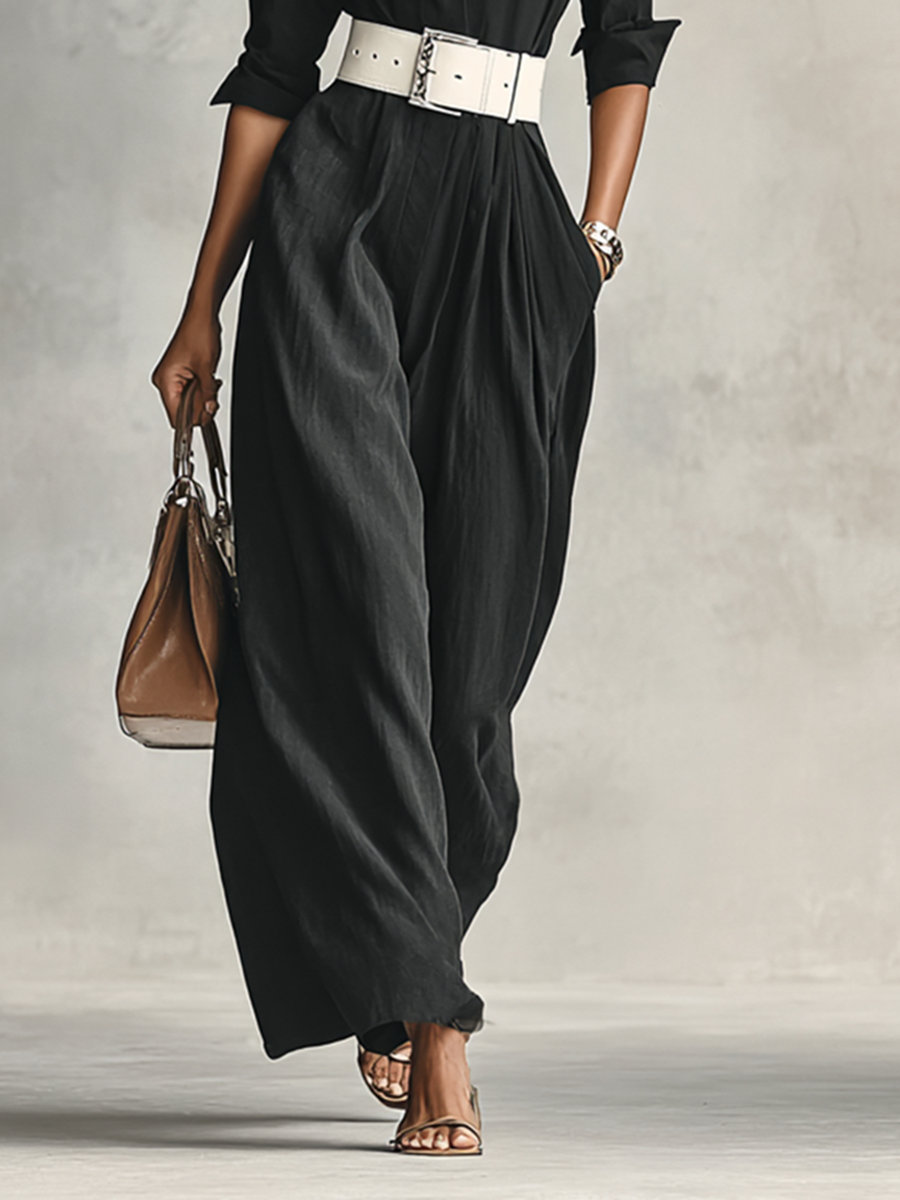 Lapel Single-Breasted Belted Long-Sleeve Jumpsuit
