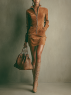 Caramel Suede Zipper Stand Collar Mini Dress