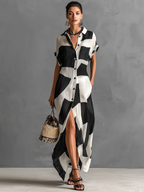 Geometric Print Lapel Shirt Maxi Dress